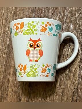 Vintage Trisa Owl Coffee Cup Mug Ceramic Floral Trim 4”H Orange Teal Green Print